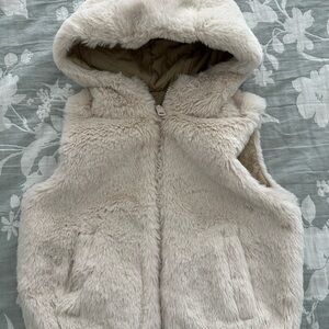 Kids Cream Hooded Faux Fur Vest